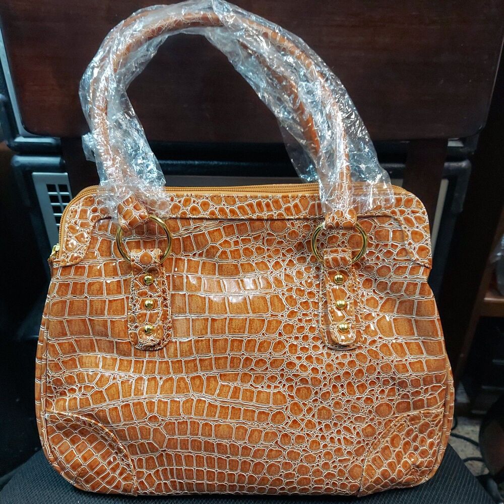 Joan Rivers Classics Brown/Orange Faux Alligator Crocodile Skin Tote Bag Purse